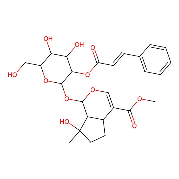 2D Structure of methyl 1-[4,5-dihydroxy-6-(hydroxymethyl)-3-(3-phenylprop-2-enoyloxy)oxan-2-yl]oxy-7-hydroxy-7-methyl-4a,5,6,7a-tetrahydro-1H-cyclopenta[c]pyran-4-carboxylate