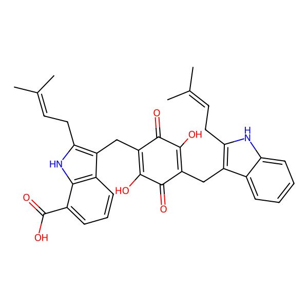 2D Structure of 3-[[2,5-dihydroxy-4-[[2-(3-methylbut-2-enyl)-1H-indol-3-yl]methyl]-3,6-dioxocyclohexa-1,4-dien-1-yl]methyl]-2-(3-methylbut-2-enyl)-1H-indole-7-carboxylic acid