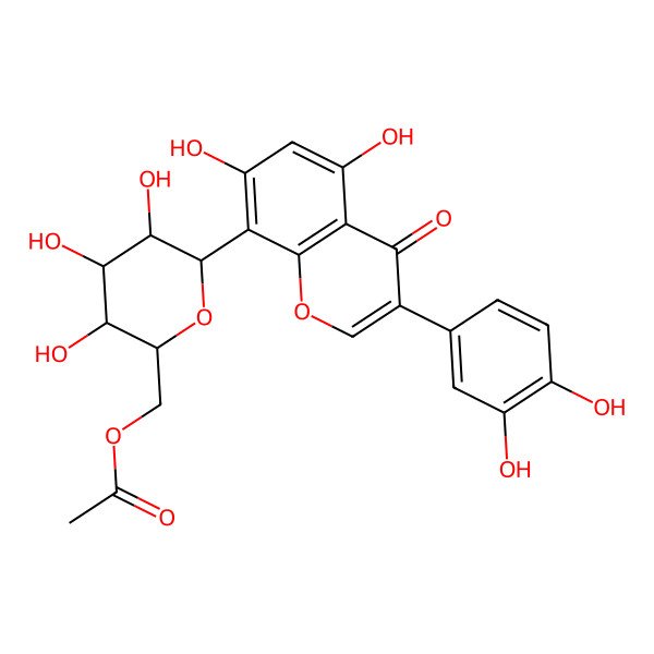 2D Structure of [(2R,3S,4R,5R,6S)-6-[3-(3,4-dihydroxyphenyl)-5,7-dihydroxy-4-oxochromen-8-yl]-3,4,5-trihydroxyoxan-2-yl]methyl acetate