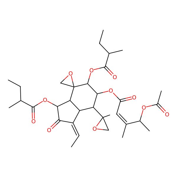 2D Structure of [3-Ethylidene-1,6-bis(2-methylbutanoyloxy)-4-(2-methyloxiran-2-yl)-2-oxospiro[1,3a,4,5,6,7a-hexahydroindene-7,2'-oxirane]-5-yl] 4-acetyloxy-3-methylpent-2-enoate