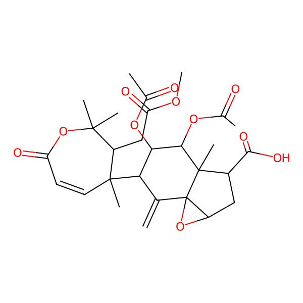 2D Structure of (1aR,3R,3aR,4R,5R,6R,7aS)-4,5-diacetyloxy-6-[(3R,4R)-3-(2-methoxy-2-oxoethyl)-2,2,4-trimethyl-7-oxo-3H-oxepin-4-yl]-3a-methyl-7-methylidene-1a,2,3,4,5,6-hexahydroindeno[3,3a-b]oxirene-3-carboxylic acid