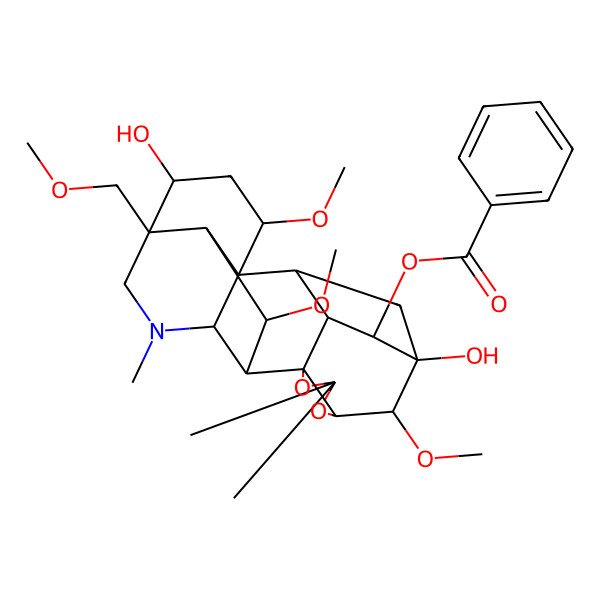 2D Structure of [(1S,2R,3R,4R,5R,6S,7S,11R,12R,13R,16R,17R,19S,20S,21R)-5,17-dihydroxy-6,19,21-trimethoxy-16-(methoxymethyl)-9,9,14-trimethyl-8,10-dioxa-14-azaheptacyclo[10.7.2.12,5.01,13.03,11.07,11.016,20]docosan-4-yl] benzoate