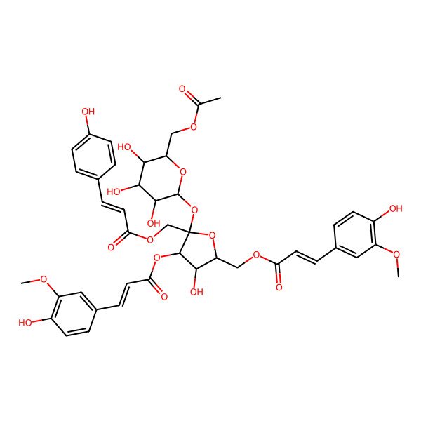 2D Structure of [(2S,3S,4R,5R)-2-[(2R,3R,4S,5R,6R)-6-(acetyloxymethyl)-3,4,5-trihydroxyoxan-2-yl]oxy-4-hydroxy-3-[(E)-3-(4-hydroxy-3-methoxyphenyl)prop-2-enoyl]oxy-5-[[(E)-3-(4-hydroxy-3-methoxyphenyl)prop-2-enoyl]oxymethyl]oxolan-2-yl]methyl (E)-3-(4-hydroxyphenyl)prop-2-enoate