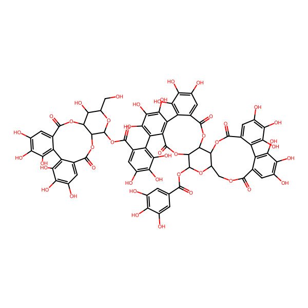 2D Structure of [3,4,5,14,20,21,22-Heptahydroxy-13-(hydroxymethyl)-8,17-dioxo-9,12,16-trioxatetracyclo[16.4.0.02,7.010,15]docosa-1(22),2,4,6,18,20-hexaen-11-yl] 2-[7,8,9,12,13,14,28,29,30,33,34,35-dodecahydroxy-4,17,25,38-tetraoxo-20-(3,4,5-trihydroxybenzoyl)oxy-3,18,21,24,39-pentaoxaheptacyclo[20.17.0.02,19.05,10.011,16.026,31.032,37]nonatriaconta-5,7,9,11(16),12,14,26,28,30,32,34,36-dodecaen-15-yl]-3,4,5-trihydroxybenzoate