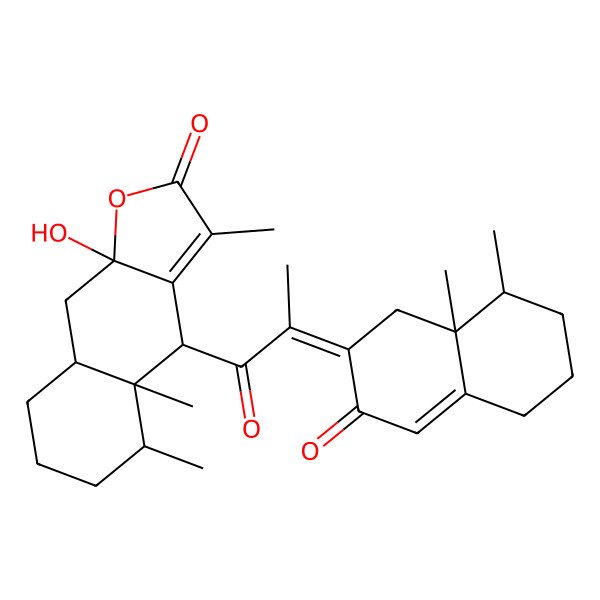 2D Structure of 4-[2-(8,8a-dimethyl-3-oxo-5,6,7,8-tetrahydro-1H-naphthalen-2-ylidene)propanoyl]-9a-hydroxy-3,4a,5-trimethyl-5,6,7,8,8a,9-hexahydro-4H-benzo[f][1]benzofuran-2-one