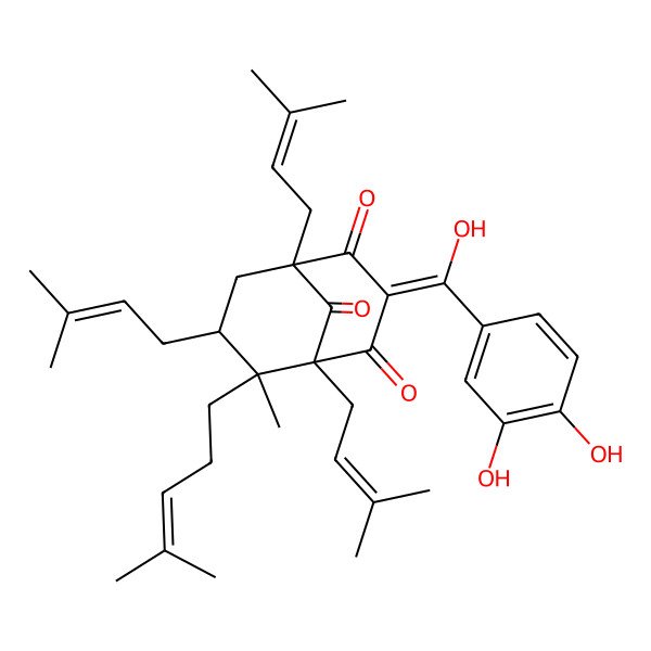2D Structure of (1R,5S,6S,7R)-3-[(3,4-dihydroxyphenyl)-hydroxymethylidene]-6-methyl-1,5,7-tris(3-methylbut-2-enyl)-6-(4-methylpent-3-enyl)bicyclo[3.3.1]nonane-2,4,9-trione