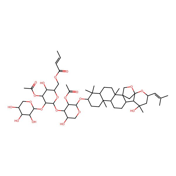 2D Structure of [4-Acetyloxy-6-[3-acetyloxy-5-hydroxy-2-[[16-hydroxy-2,6,6,10,16-pentamethyl-18-(2-methylprop-1-enyl)-19,21-dioxahexacyclo[18.2.1.01,14.02,11.05,10.015,20]tricosan-7-yl]oxy]oxan-4-yl]oxy-3-hydroxy-5-(3,4,5-trihydroxyoxan-2-yl)oxyoxan-2-yl]methyl but-2-enoate
