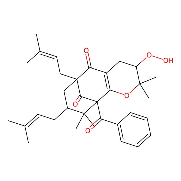 2D Structure of 1-Benzoyl-5-hydroperoxy-4,4,12,12-tetramethyl-9,11-bis(3-methylbut-2-enyl)-3-oxatricyclo[7.3.1.02,7]tridec-2(7)-ene-8,13-dione