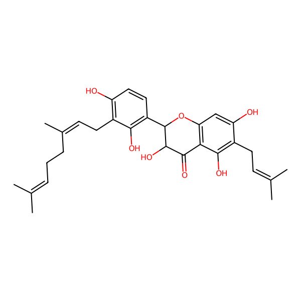 2D Structure of (2R,3R)-2-[3-[(2E)-3,7-dimethylocta-2,6-dienyl]-2,4-dihydroxyphenyl]-3,5,7-trihydroxy-6-(3-methylbut-2-enyl)-2,3-dihydrochromen-4-one