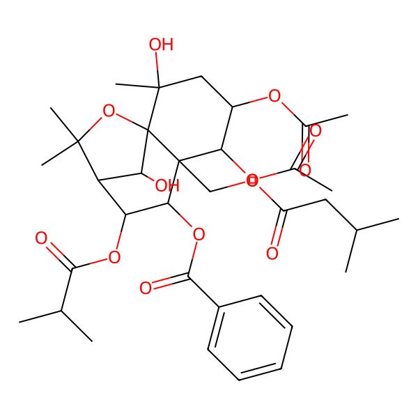 2D Structure of [(1R,2S,4S,5R,6S,7S,8S,9R,12R)-4,5-diacetyloxy-2,12-dihydroxy-2,10,10-trimethyl-6-(3-methylbutanoyloxymethyl)-8-(2-methylpropanoyloxy)-11-oxatricyclo[7.2.1.01,6]dodecan-7-yl] benzoate