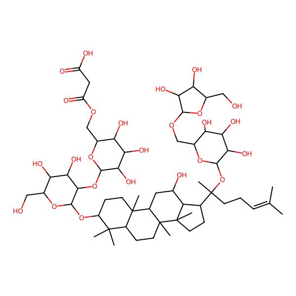 2D Structure of 3-[[6-[2-[[17-[2-[6-[[3,4-dihydroxy-5-(hydroxymethyl)oxolan-2-yl]oxymethyl]-3,4,5-trihydroxyoxan-2-yl]oxy-6-methylhept-5-en-2-yl]-12-hydroxy-4,4,8,10,14-pentamethyl-2,3,5,6,7,9,11,12,13,15,16,17-dodecahydro-1H-cyclopenta[a]phenanthren-3-yl]oxy]-4,5-dihydroxy-6-(hydroxymethyl)oxan-3-yl]oxy-3,4,5-trihydroxyoxan-2-yl]methoxy]-3-oxopropanoic acid