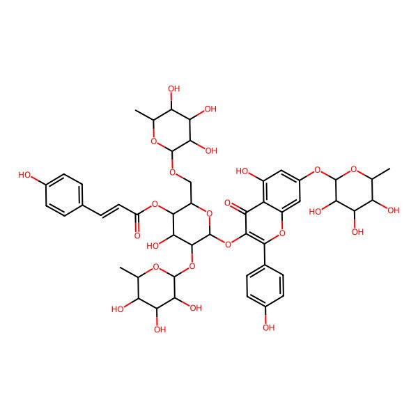 2D Structure of [4-Hydroxy-6-[5-hydroxy-2-(4-hydroxyphenyl)-4-oxo-7-(3,4,5-trihydroxy-6-methyloxan-2-yl)oxychromen-3-yl]oxy-5-(3,4,5-trihydroxy-6-methyloxan-2-yl)oxy-2-[(3,4,5-trihydroxy-6-methyloxan-2-yl)oxymethyl]oxan-3-yl] 3-(4-hydroxyphenyl)prop-2-enoate