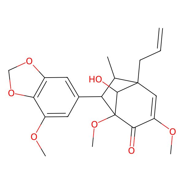 2D Structure of (1R,5S,6R,7S,8S)-8-hydroxy-1,3-dimethoxy-7-(7-methoxy-1,3-benzodioxol-5-yl)-6-methyl-5-prop-2-enylbicyclo[3.2.1]oct-3-en-2-one