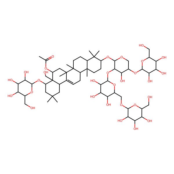 2D Structure of [(4S,4aS,5R,6aR,6aS,6bR,8aR,10S,12aR,14bS)-4a-(hydroxymethyl)-10-[(2S,3R,4S,5S)-4-hydroxy-5-[(2R,3R,4S,5S,6R)-3,4,5-trihydroxy-6-(hydroxymethyl)oxan-2-yl]oxy-3-[(2S,3R,4S,5S,6R)-3,4,5-trihydroxy-6-[[(2R,3R,4S,5S,6R)-3,4,5-trihydroxy-6-(hydroxymethyl)oxan-2-yl]oxymethyl]oxan-2-yl]oxyoxan-2-yl]oxy-2,2,6a,6b,9,9,12a-heptamethyl-4-[(2R,3R,4S,5S,6R)-3,4,5-trihydroxy-6-(hydroxymethyl)oxan-2-yl]oxy-1,3,4,5,6,6a,7,8,8a,10,11,12,13,14b-tetradecahydropicen-5-yl] acetate