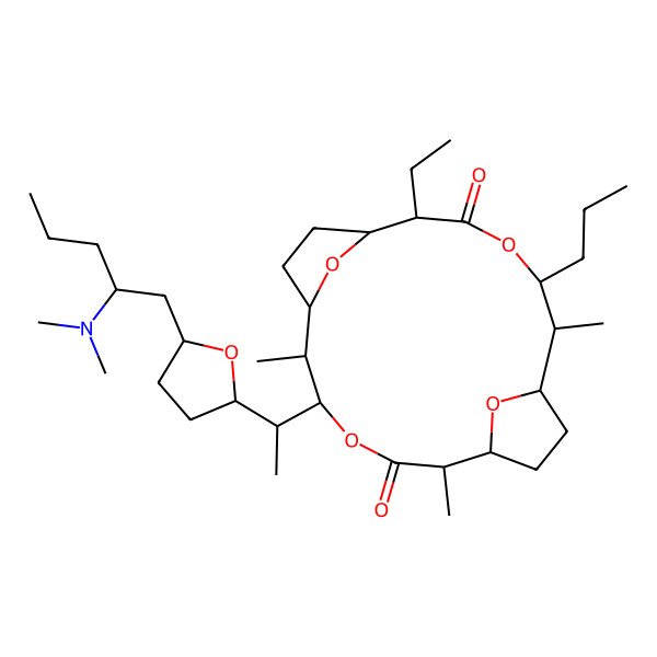 2D Structure of 14-[1-[5-[2-(Dimethylamino)pentyl]oxolan-2-yl]ethyl]-2-ethyl-6,11,15-trimethyl-5-propyl-4,13,19,20-tetraoxatricyclo[14.2.1.17,10]icosane-3,12-dione