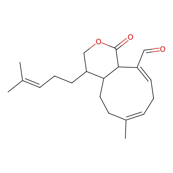 2D Structure of (4S,4aR,7E,10E,11aR)-7-methyl-4-(4-methylpent-3-enyl)-1-oxo-4,4a,5,6,9,11a-hexahydro-3H-cyclonona[c]pyran-11-carbaldehyde