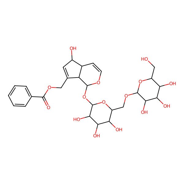 2D Structure of [(1R,4aS,5S,7aR)-5-hydroxy-1-[(2S,3R,4S,5S,6R)-3,4,5-trihydroxy-6-[[(2R,3R,4S,5S,6R)-3,4,5-trihydroxy-6-(hydroxymethyl)oxan-2-yl]oxymethyl]oxan-2-yl]oxy-1,4a,5,7a-tetrahydrocyclopenta[c]pyran-7-yl]methyl benzoate