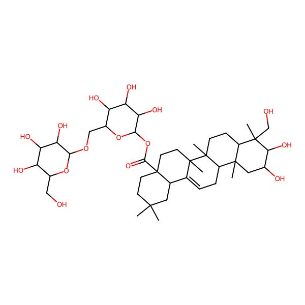 2D Structure of [3,4,5-Trihydroxy-6-[[3,4,5-trihydroxy-6-(hydroxymethyl)oxan-2-yl]oxymethyl]oxan-2-yl] 10,11-dihydroxy-9-(hydroxymethyl)-2,2,6a,6b,9,12a-hexamethyl-1,3,4,5,6,6a,7,8,8a,10,11,12,13,14b-tetradecahydropicene-4a-carboxylate