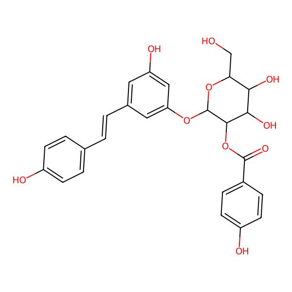 2D Structure of [4,5-Dihydroxy-2-[3-hydroxy-5-[2-(4-hydroxyphenyl)ethenyl]phenoxy]-6-(hydroxymethyl)oxan-3-yl] 4-hydroxybenzoate