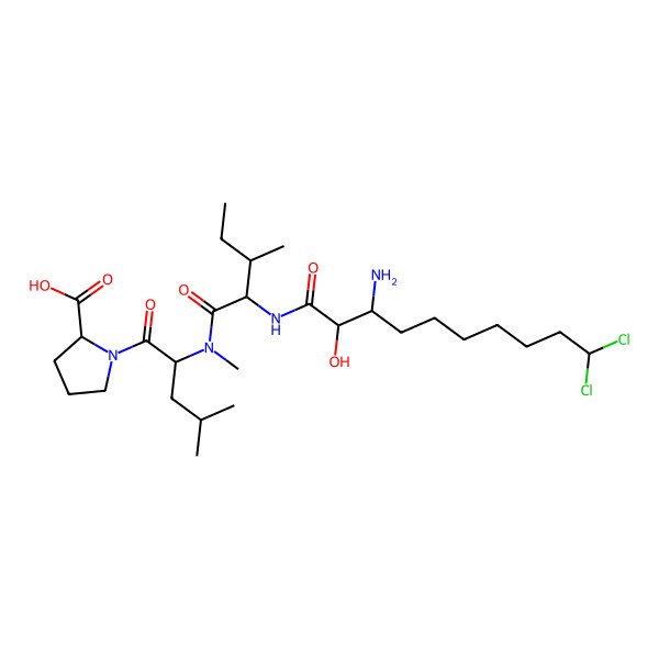 2D Structure of 1-[2-[[2-[(3-Amino-10,10-dichloro-2-hydroxydecanoyl)amino]-3-methylpentanoyl]-methylamino]-4-methylpentanoyl]pyrrolidine-2-carboxylic acid