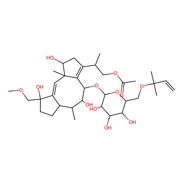 2D Structure of [(2S)-2-[(1E,3R,4S,8R,9R,10R,11S,14R)-4,9,14-trihydroxy-14-(methoxymethyl)-3,10-dimethyl-8-[(2S,3R,4S,5S,6R)-3,4,5-trihydroxy-6-(2-methylbut-3-en-2-yloxymethyl)oxan-2-yl]oxy-6-tricyclo[9.3.0.03,7]tetradeca-1,6-dienyl]propyl] acetate