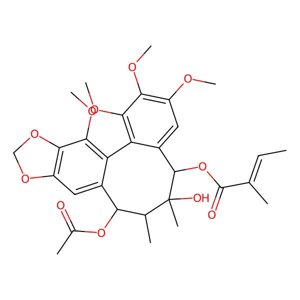 2D Structure of (11-Acetyloxy-9-hydroxy-3,4,5,19-tetramethoxy-9,10-dimethyl-15,17-dioxatetracyclo[10.7.0.02,7.014,18]nonadeca-1(19),2,4,6,12,14(18)-hexaen-8-yl) 2-methylbut-2-enoate