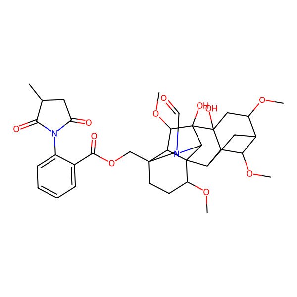 2D Structure of [(1S,2R,3R,4S,5R,6S,8R,9S,10S,13S,16S,17R,18S)-11-formyl-8,9-dihydroxy-4,6,16,18-tetramethoxy-11-azahexacyclo[7.7.2.12,5.01,10.03,8.013,17]nonadecan-13-yl]methyl 2-[(3S)-3-methyl-2,5-dioxopyrrolidin-1-yl]benzoate