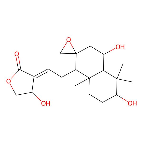2D Structure of (3E,4S)-3-[2-[(1R,2S,4R,4aR,6S,8aS)-4,6-dihydroxy-5,5,8a-trimethylspiro[3,4,4a,6,7,8-hexahydro-1H-naphthalene-2,2'-oxirane]-1-yl]ethylidene]-4-hydroxyoxolan-2-one