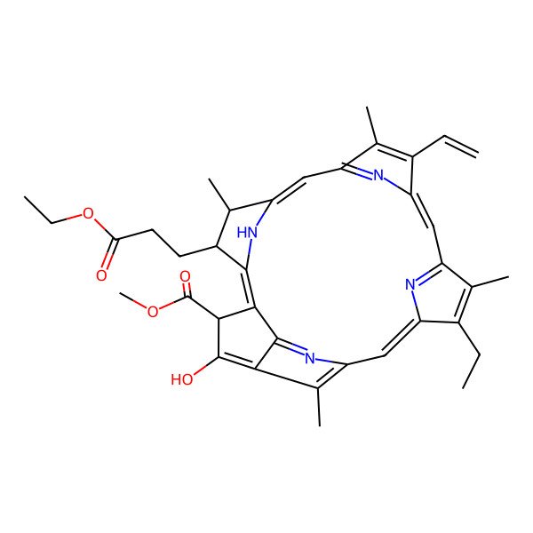 2D Structure of methyl (3R,21S,22S)-16-ethenyl-22-(3-ethoxy-3-oxopropyl)-11-ethyl-4-hydroxy-12,17,21,26-tetramethyl-7,23,24,25-tetrazahexacyclo[18.2.1.15,8.110,13.115,18.02,6]hexacosa-1,4,6,8(26),9,11,13(25),14,16,18(24),19-undecaene-3-carboxylate