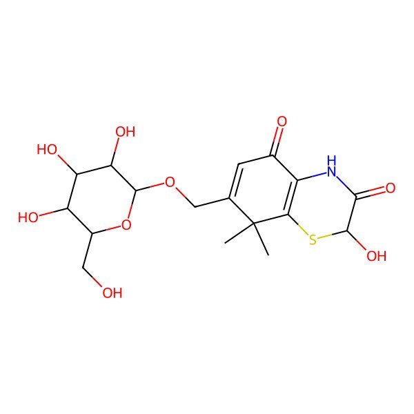 2D Structure of (2R)-2-hydroxy-8,8-dimethyl-7-[[(2R,3R,4S,5S,6R)-3,4,5-trihydroxy-6-(hydroxymethyl)oxan-2-yl]oxymethyl]-4H-1,4-benzothiazine-3,5-dione