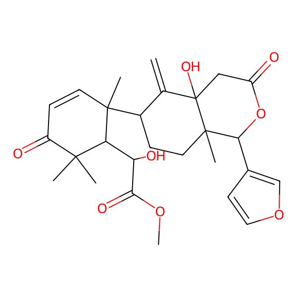 2D Structure of methyl (2S)-2-[(1R,2S)-2-[(1S,4aS,6R,8aS)-1-(furan-3-yl)-4a-hydroxy-8a-methyl-5-methylidene-3-oxo-4,6,7,8-tetrahydro-1H-isochromen-6-yl]-2,6,6-trimethyl-5-oxocyclohex-3-en-1-yl]-2-hydroxyacetate