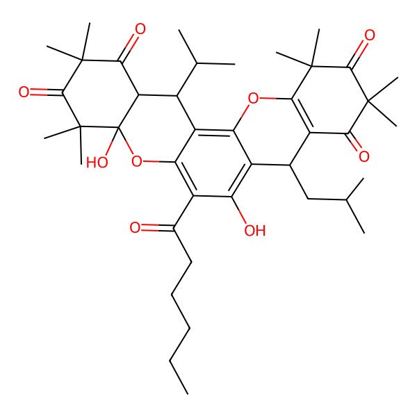 2D Structure of 6-hexanoyl-4a,7-dihydroxy-2,2,4,4,10,10,12,12-octamethyl-8-(2-methylpropyl)-14-propan-2-yl-14,14a-dihydro-8H-chromeno[2,3-a]xanthene-1,3,9,11-tetrone
