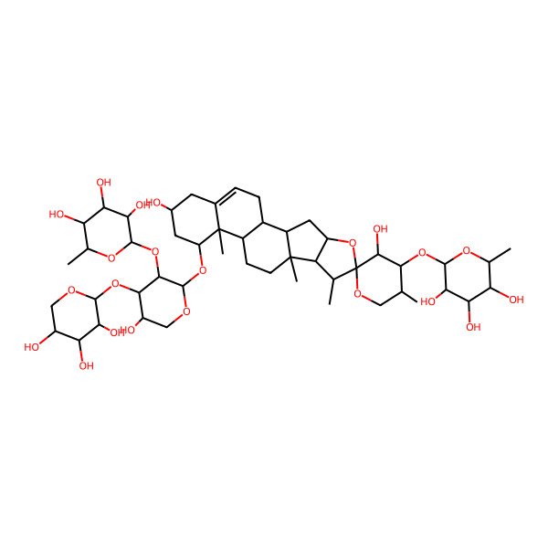 2D Structure of (2S,3R,4S,5R,6R)-2-[(1S,2R,3'S,4R,4'S,5'S,6S,7S,8R,9S,12S,13R,14R,16R)-3',16-dihydroxy-14-[(2S,3R,4S,5S)-5-hydroxy-3-[(2S,3R,4R,5R,6S)-3,4,5-trihydroxy-6-methyloxan-2-yl]oxy-4-[(2S,3R,4S,5R)-3,4,5-trihydroxyoxan-2-yl]oxyoxan-2-yl]oxy-5',7,9,13-tetramethylspiro[5-oxapentacyclo[10.8.0.02,9.04,8.013,18]icos-18-ene-6,2'-oxane]-4'-yl]oxy-6-methyloxane-3,4,5-triol
