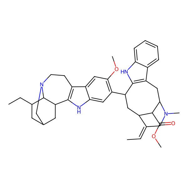 2D Structure of methyl (1R,12S,14S)-15-ethylidene-12-[(1R,15R,17S,18S)-17-ethyl-7-methoxy-3,13-diazapentacyclo[13.3.1.02,10.04,9.013,18]nonadeca-2(10),4,6,8-tetraen-6-yl]-17-methyl-10,17-diazatetracyclo[12.3.1.03,11.04,9]octadeca-3(11),4,6,8-tetraene-18-carboxylate