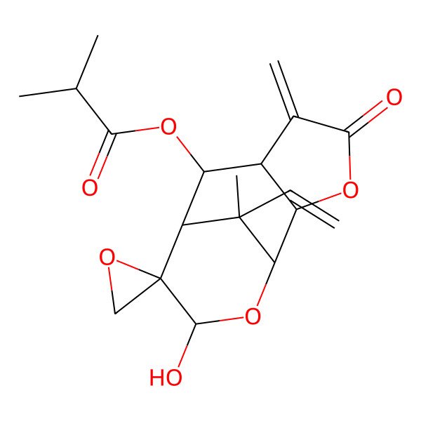 2D Structure of (12-Ethenyl-10-hydroxy-12-methyl-5-methylidene-4-oxospiro[3,11-dioxatricyclo[6.3.1.02,6]dodecane-9,2'-oxirane]-7-yl) 2-methylpropanoate