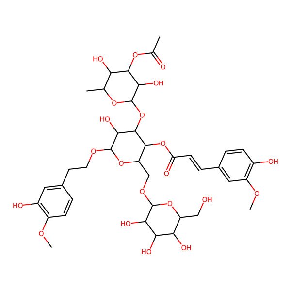 2D Structure of [4-(4-Acetyloxy-3,5-dihydroxy-6-methyloxan-2-yl)oxy-5-hydroxy-6-[2-(3-hydroxy-4-methoxyphenyl)ethoxy]-2-[[3,4,5-trihydroxy-6-(hydroxymethyl)oxan-2-yl]oxymethyl]oxan-3-yl] 3-(4-hydroxy-3-methoxyphenyl)prop-2-enoate