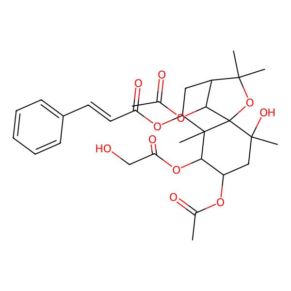 2D Structure of [(1S,2S,4S,5R,6R,7S,9R,12R)-4,12-diacetyloxy-2-hydroxy-5-(2-hydroxyacetyl)oxy-2,6,10,10-tetramethyl-11-oxatricyclo[7.2.1.01,6]dodecan-7-yl] (E)-3-phenylprop-2-enoate