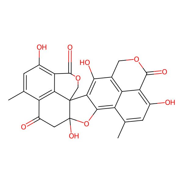 2D Structure of (1R,15R)-3,9,15,21-tetrahydroxy-11,19-dimethyl-6,14,24-trioxaheptacyclo[16.7.1.14,8.01,15.02,13.022,26.012,27]heptacosa-2,4(27),8,10,12,18(26),19,21-octaene-7,17,23-trione