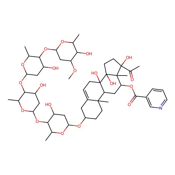 2D Structure of [(3S,8S,9R,10R,12R,13S,14R,17S)-17-acetyl-8,14,17-trihydroxy-3-[(2R,4S,5S,6R)-4-hydroxy-5-[(2S,4S,5S,6R)-4-hydroxy-5-[(2S,4S,5S,6R)-4-hydroxy-5-[(2S,4R,5R,6R)-5-hydroxy-4-methoxy-6-methyloxan-2-yl]oxy-6-methyloxan-2-yl]oxy-6-methyloxan-2-yl]oxy-6-methyloxan-2-yl]oxy-10,13-dimethyl-1,2,3,4,7,9,11,12,15,16-decahydrocyclopenta[a]phenanthren-12-yl] pyridine-3-carboxylate