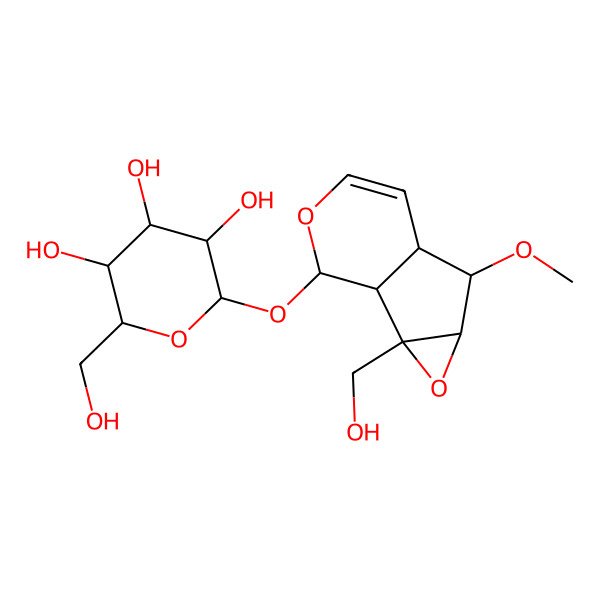 2D Structure of (2R,3S,4S,5R,6S)-2-(hydroxymethyl)-6-[[(1S,2S,4S,5S,6R,10R)-2-(hydroxymethyl)-5-methoxy-3,9-dioxatricyclo[4.4.0.02,4]dec-7-en-10-yl]oxy]oxane-3,4,5-triol