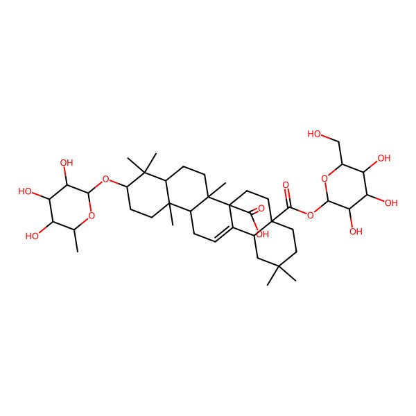 2D Structure of (4aS,6aR,6aR,6bR,8aS,10S,12aR,14bS)-2,2,6b,9,9,12a-hexamethyl-4a-[(2S,3R,4S,5S,6R)-3,4,5-trihydroxy-6-(hydroxymethyl)oxan-2-yl]oxycarbonyl-10-[(2R,3R,4S,5S,6R)-3,4,5-trihydroxy-6-methyloxan-2-yl]oxy-1,3,4,5,6,6a,7,8,8a,10,11,12,13,14b-tetradecahydropicene-6a-carboxylic acid