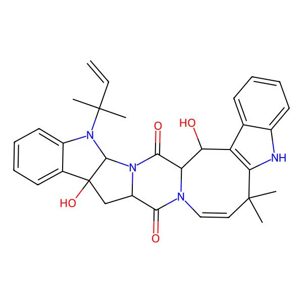 2D Structure of 12,29-Dihydroxy-19,19-dimethyl-5-(2-methylbut-3-en-2-yl)-3,5,16,21-tetrazaheptacyclo[14.13.0.03,14.04,12.06,11.020,28.022,27]nonacosa-6,8,10,17,20(28),22,24,26-octaene-2,15-dione