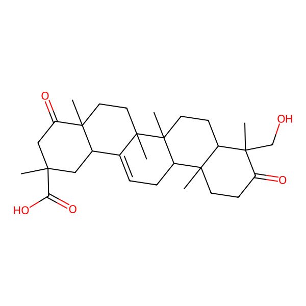 2D Structure of (2S,4aR,6aR,6aS,6bR,8aR,9S,12aR,14bS)-9-(hydroxymethyl)-2,4a,6a,6b,9,12a-hexamethyl-4,10-dioxo-1,3,5,6,6a,7,8,8a,11,12,13,14b-dodecahydropicene-2-carboxylic acid