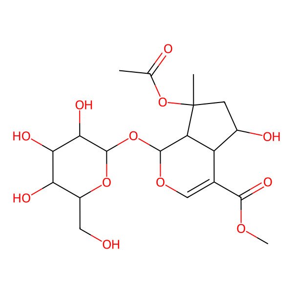 2D Structure of methyl (1S,4aS,5S,7S,7aR)-7-acetyloxy-5-hydroxy-7-methyl-1-[(2S,3R,4S,5S,6R)-3,4,5-trihydroxy-6-(hydroxymethyl)oxan-2-yl]oxy-4a,5,6,7a-tetrahydro-1H-cyclopenta[c]pyran-4-carboxylate