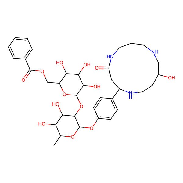 2D Structure of [(2R,3S,4S,5R,6S)-6-[(2S,3R,4R,5R,6S)-4,5-dihydroxy-2-[4-[(2S,11R)-11-hydroxy-4-oxo-1,5,9-triazacyclotridec-2-yl]phenoxy]-6-methyloxan-3-yl]oxy-3,4,5-trihydroxyoxan-2-yl]methyl benzoate