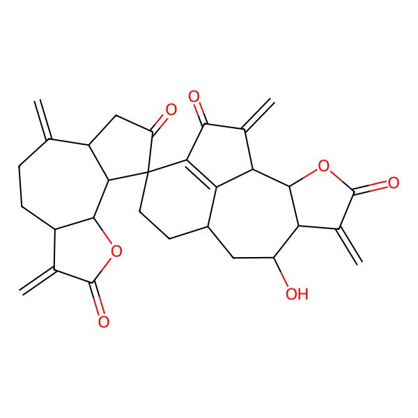 2D Structure of 7-hydroxy-3',5,6',15-tetramethylidenespiro[3-oxatetracyclo[7.6.1.02,6.013,16]hexadec-13(16)-ene-12,9'-4,5,6a,7,9a,9b-hexahydro-3aH-azuleno[4,5-b]furan]-2',4,8',14-tetrone