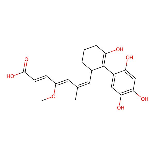 2D Structure of (2E,4Z,6E)-7-[3-hydroxy-2-(2,4,5-trihydroxyphenyl)cyclohex-2-en-1-yl]-4-methoxy-6-methylhepta-2,4,6-trienoic acid