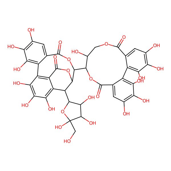 2D Structure of 14-(3,4,5,11,17,18,19-Heptahydroxy-8,14-dioxo-9,13-dioxatricyclo[13.4.0.02,7]nonadeca-1(19),2,4,6,15,17-hexaen-10-yl)-2,3,4,7,8,9-hexahydroxy-19-[3,4,5-trihydroxy-5-(hydroxymethyl)oxolan-2-yl]-13,16-dioxatetracyclo[13.3.1.05,18.06,11]nonadeca-1,3,5(18),6,8,10-hexaene-12,17-dione