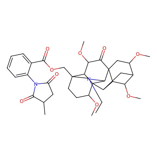 2D Structure of (3-Ethyl-8,12,14,17-tetramethoxy-16-oxo-3-azahexacyclo[7.6.3.110,13.01,11.02,9.05,18]nonadecan-5-yl)methyl 2-(3-methyl-2,5-dioxopyrrolidin-1-yl)benzoate