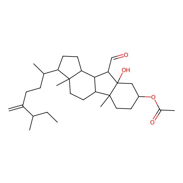 2D Structure of [10-formyl-9a-hydroxy-3a,5b-dimethyl-3-(6-methyl-5-methylideneoctan-2-yl)-2,3,4,5,5a,6,7,8,9,10,10a,10b-dodecahydro-1H-cyclopenta[a]fluoren-8-yl] acetate